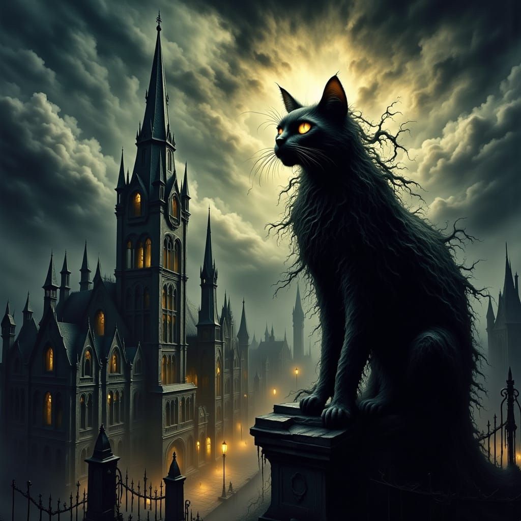 Obsidian Cat Surveys Gothic Cityscape in Twilight