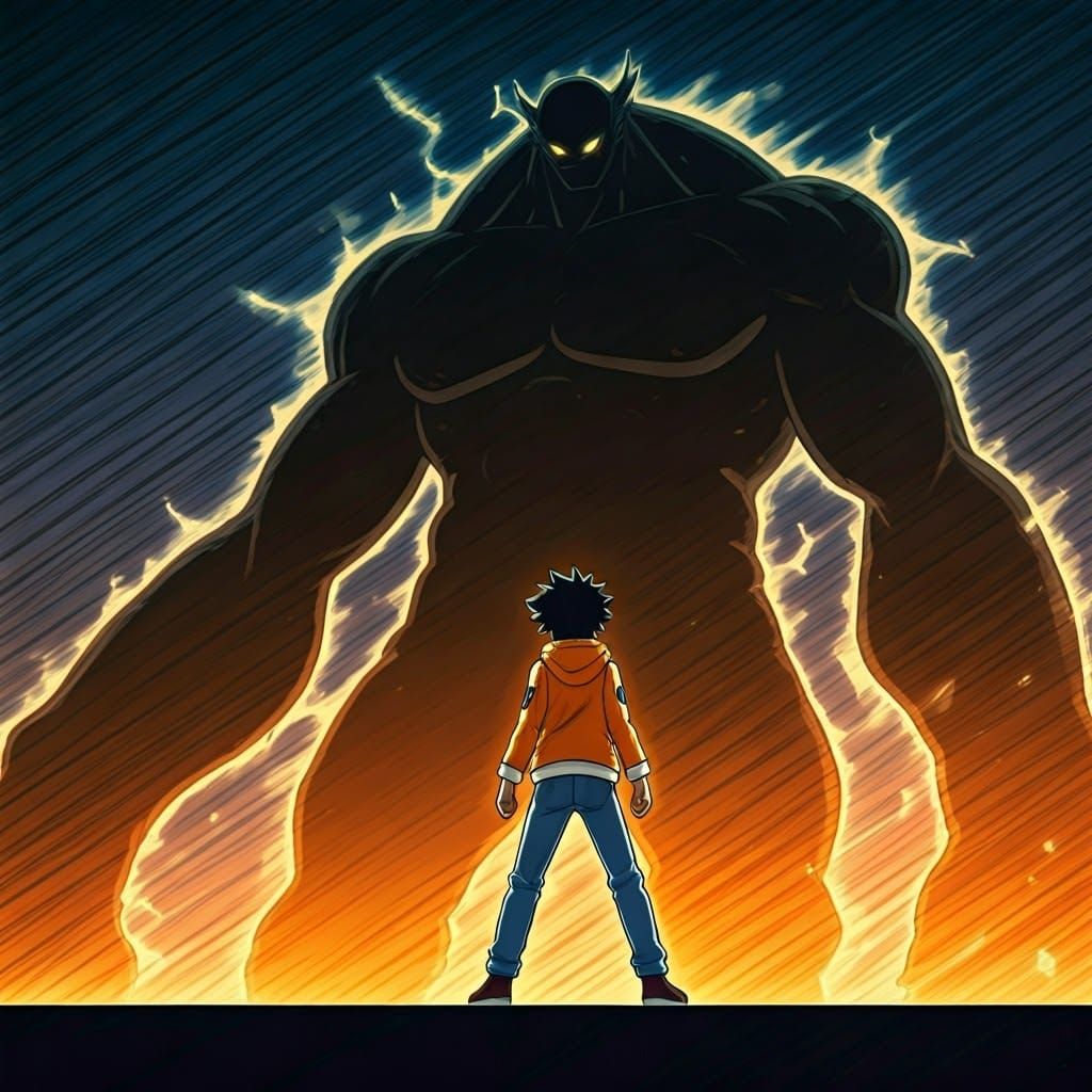 Boy Confronts Giant in Anime-Style Battle