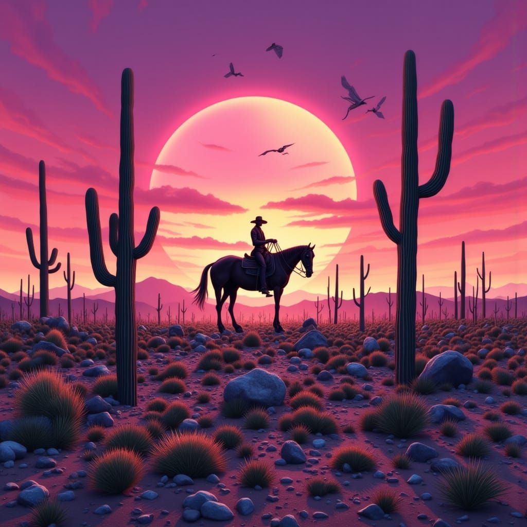 Cowboy in Post-Apocalyptic Desert with Blended Sunset