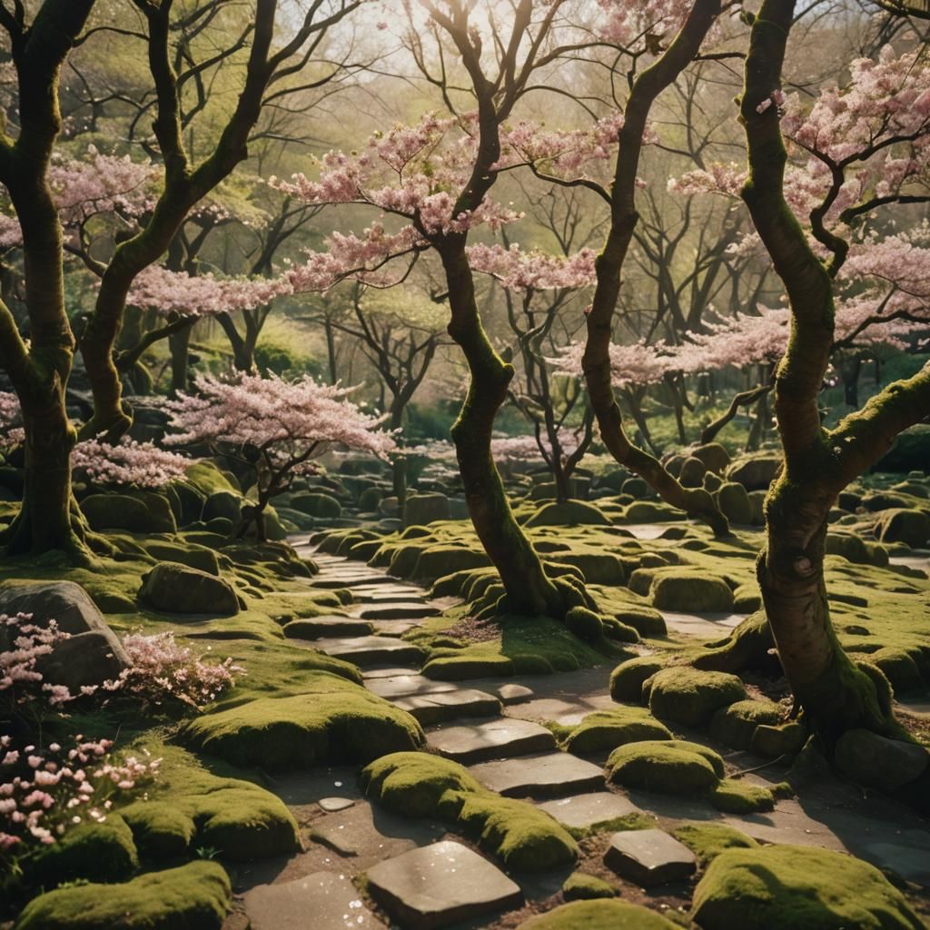 Cherry Blossom Trees in Golden Light