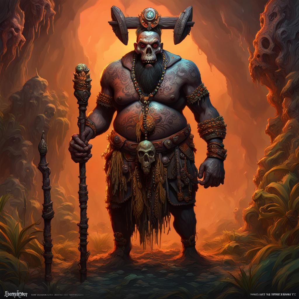 Obese Dwarf Witch Doctor in Voodoo Swamp