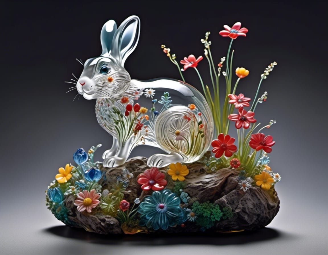 Intricate Glass Rabbit Sculpture with Floral Details