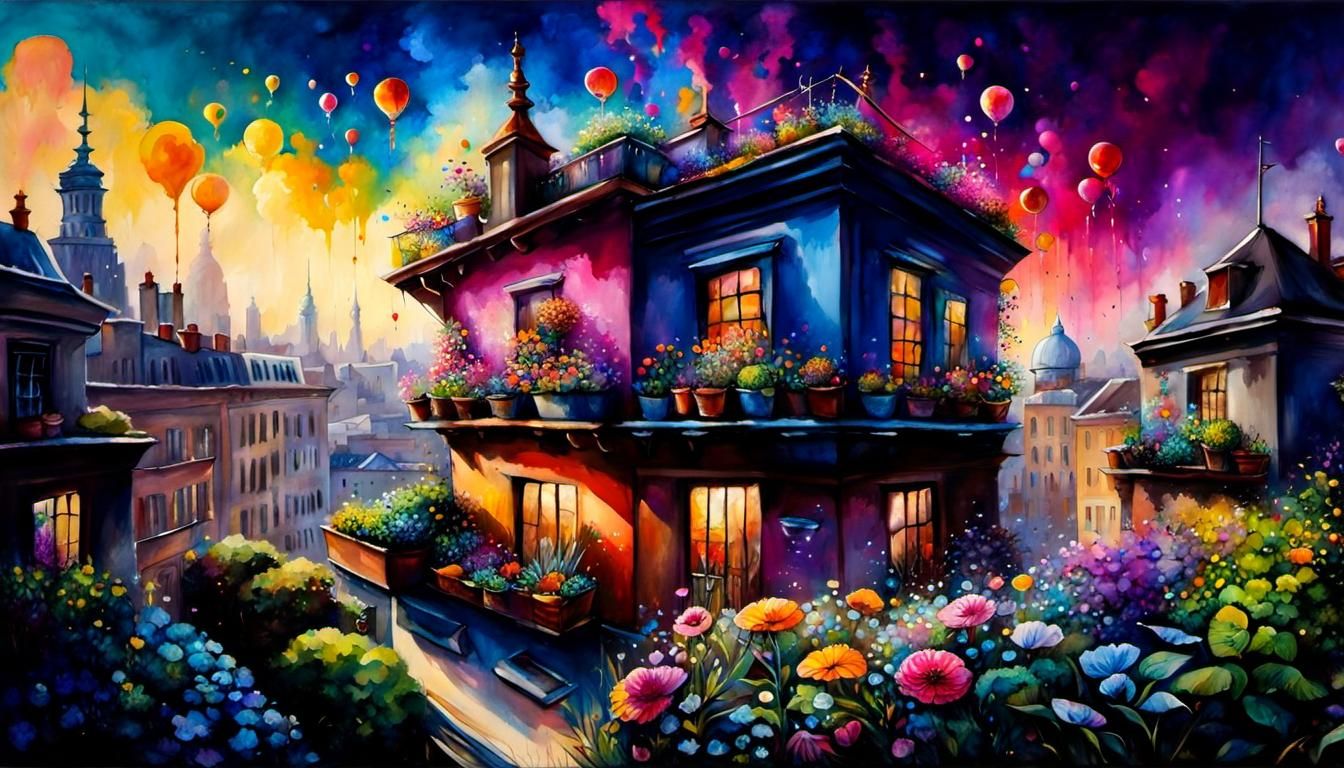 Rooftop Garden: Splashy Watercolour Masterpiece