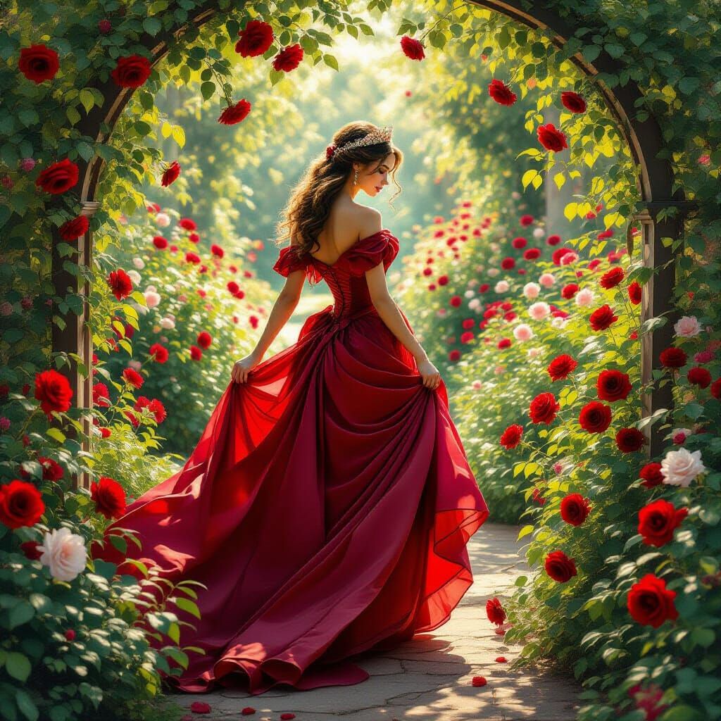Regal Princess in Scarlet Gown amidst Red Roses