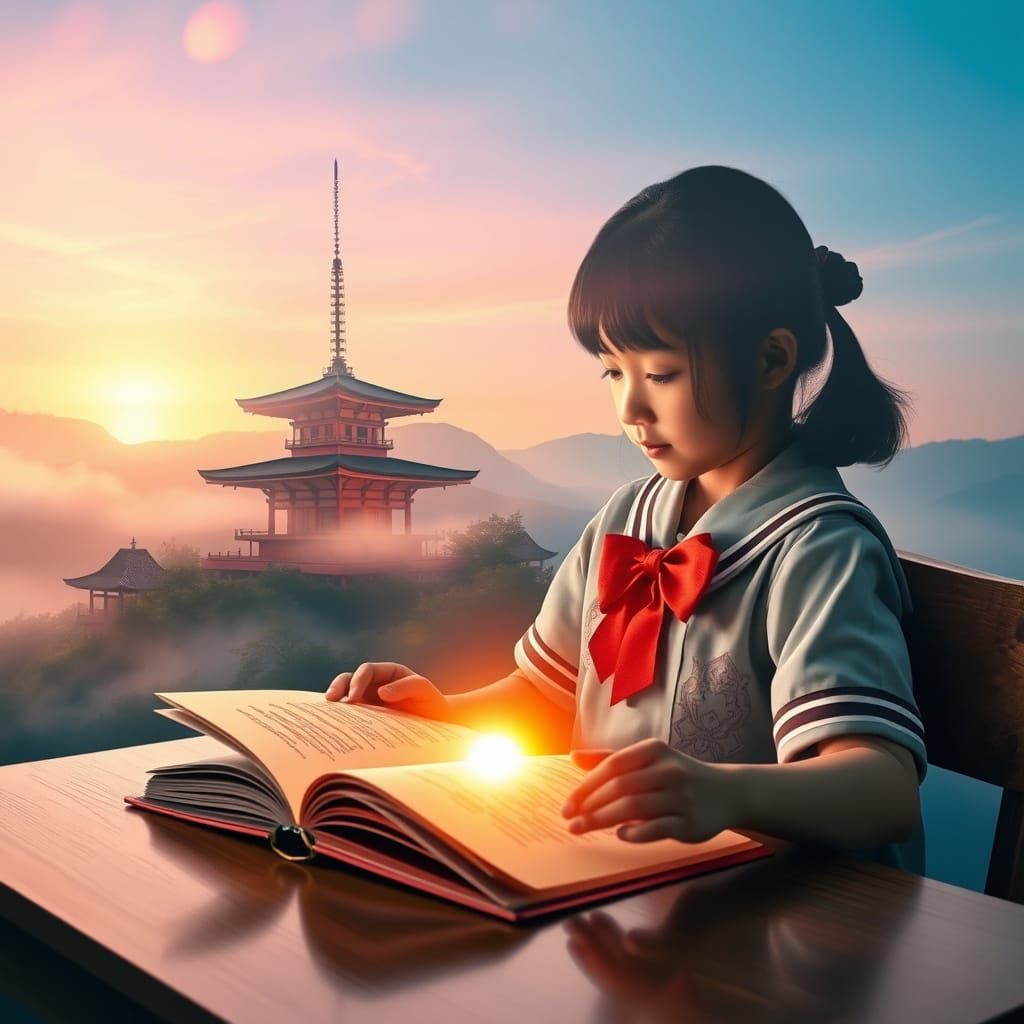 Young Schoolgirl Lost in Dreamy Reading Moment