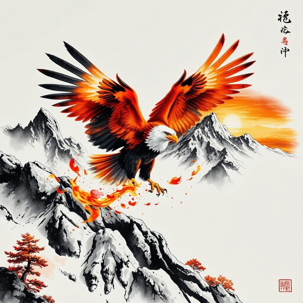 Eagle in Autumn Mountains: Ink and Watercolor Painting