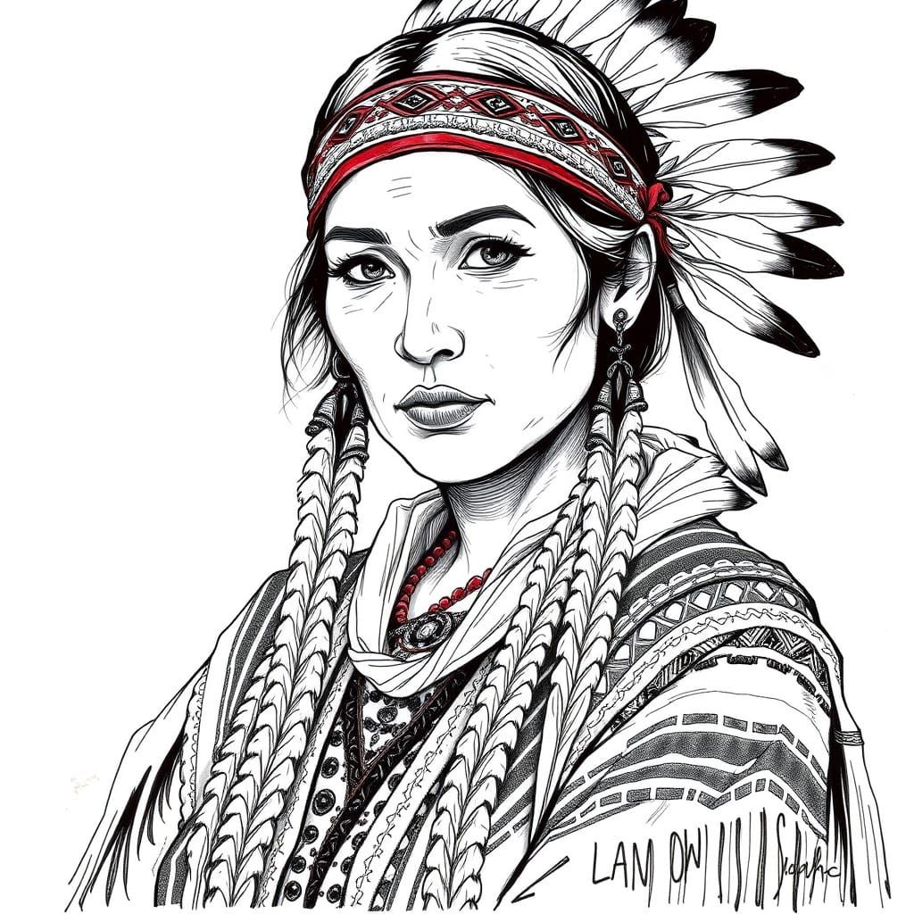 Native American Woman Portrait in Ink Art Style