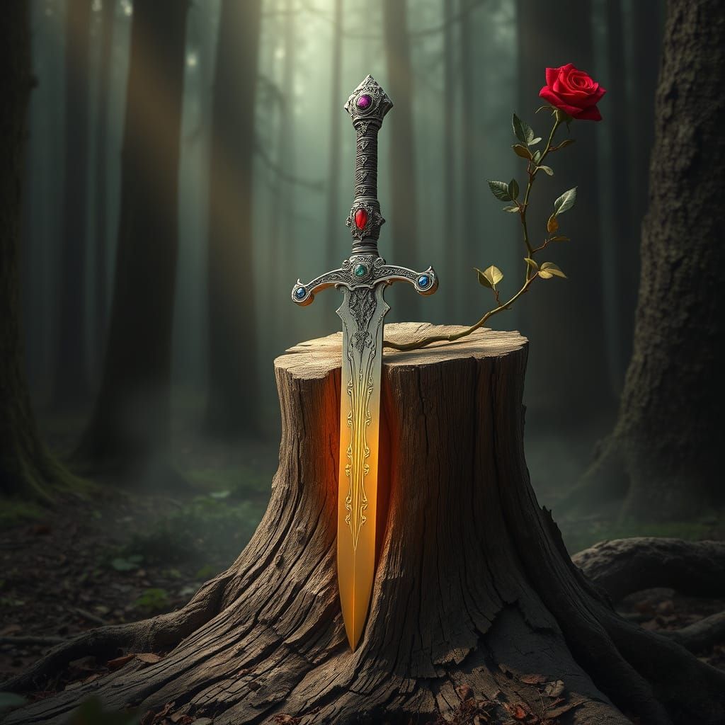 Enchanted Sword Pierces Ancient Tree Stump