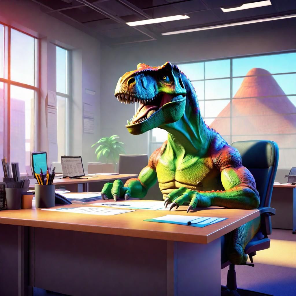 Bored T-Rex Accountant: Pixar-Style 3D Digital Art