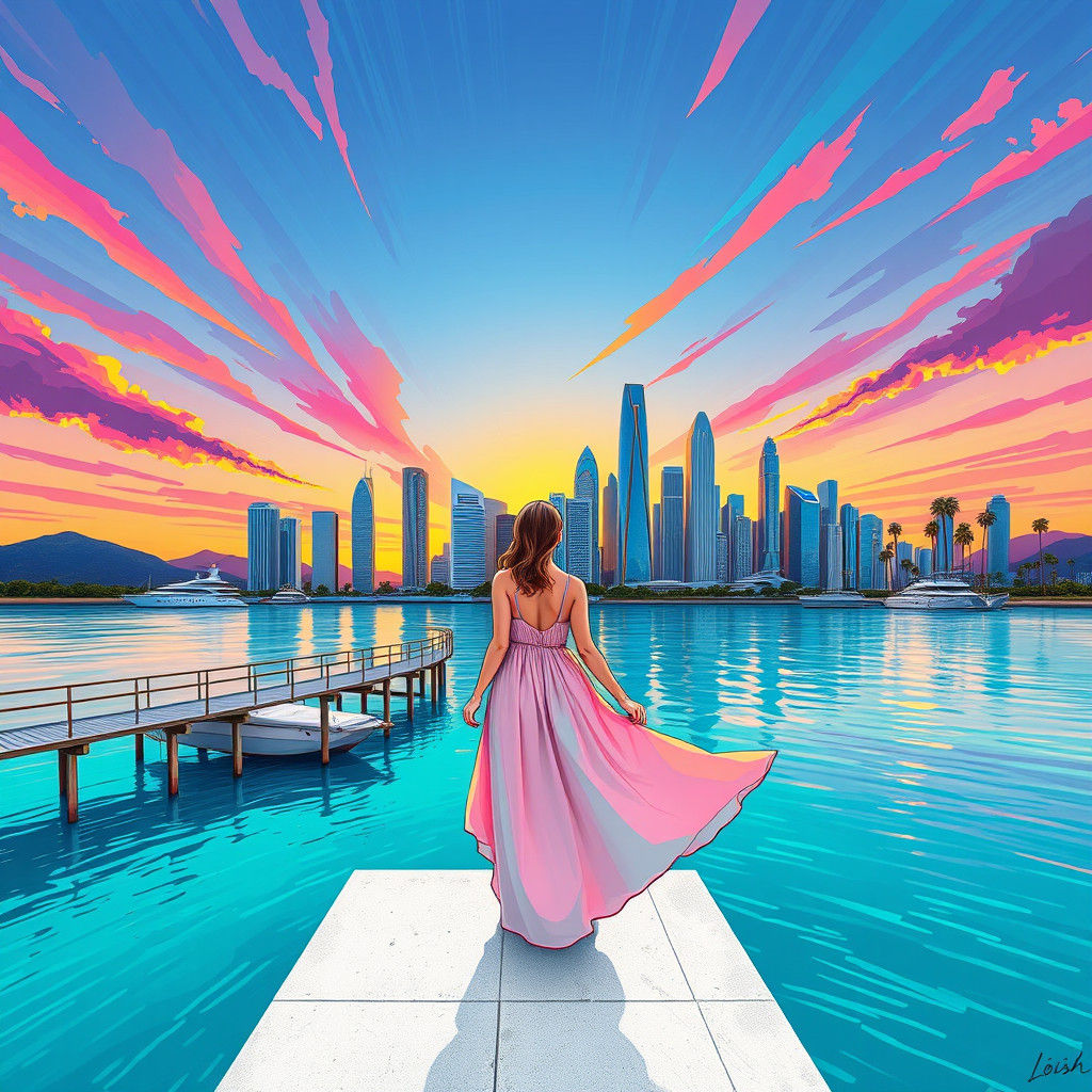 Sunrise Over Surreal Cityscape on White Pier