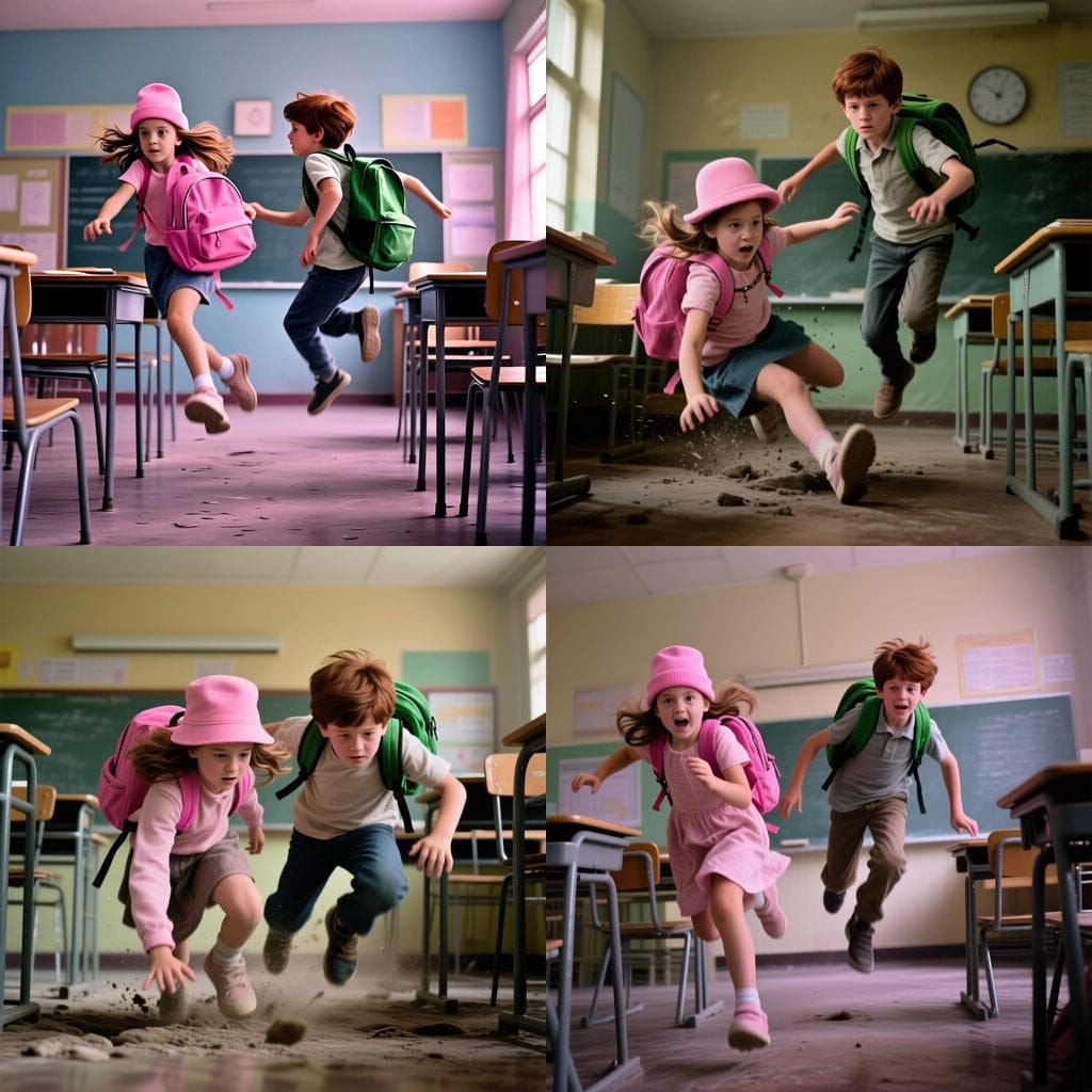 Siblings Fall Through Classroom Floor in Cinematic Style