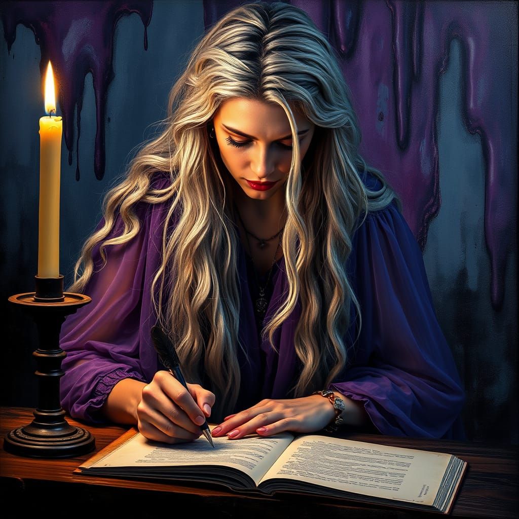 Norse Goddess Writing by Candlelight in Encaustic Wax Style