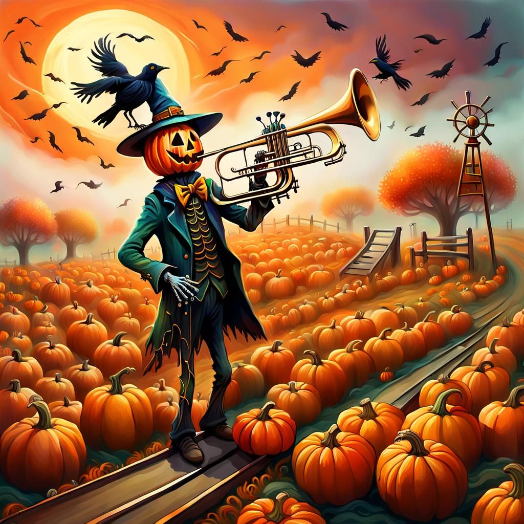 Surreal Scarecrow's Trombone Serenade in a Pumpkin Patch