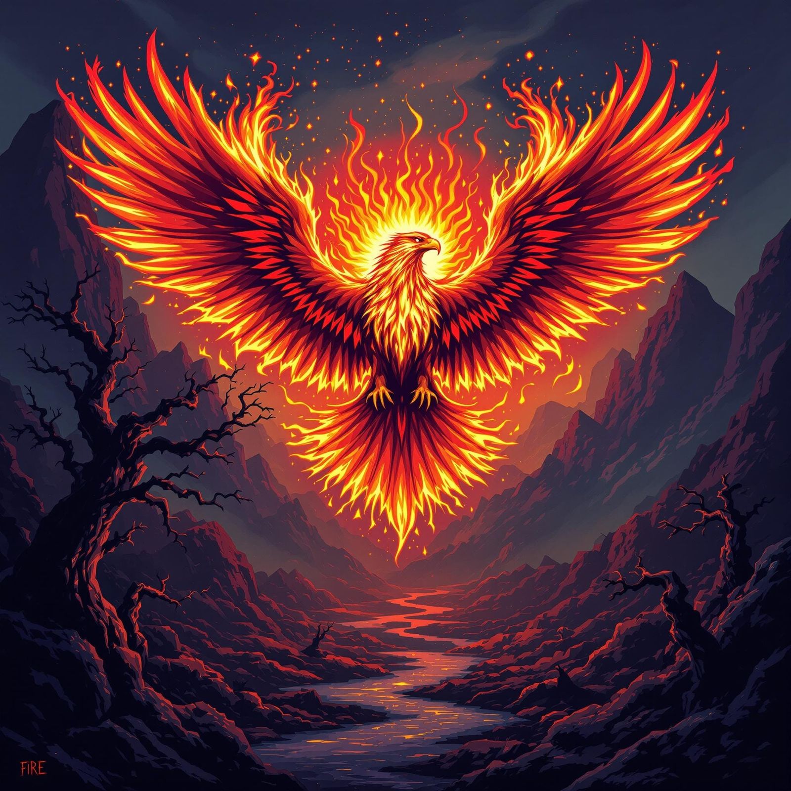 Majestic Fire Eagle in 64-Bit Pixel Art