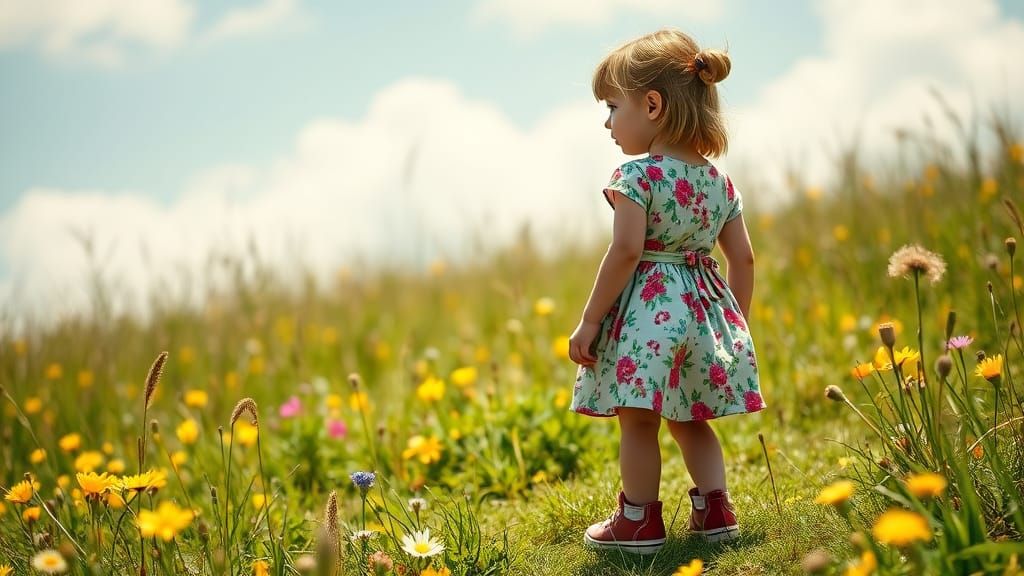 Young Girl Stands Alone in Sunny Meadow, Looking Back with E...