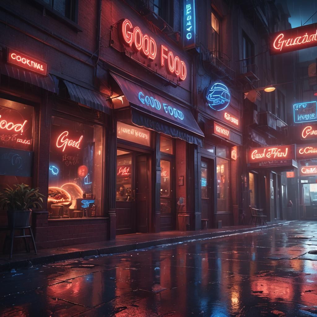 Mystical Restaurant Under Neon Sign in Neon Noir Style