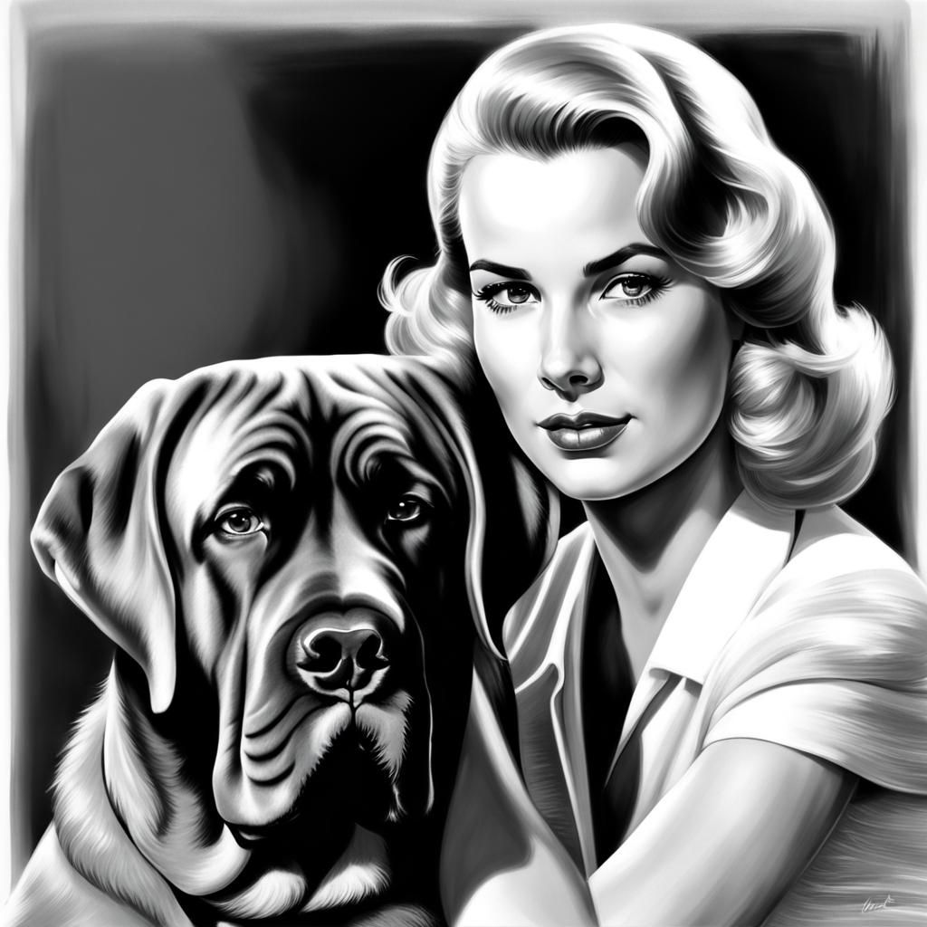 Grace Kelly Portrait with English Mastiff in Black and White