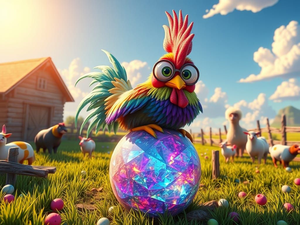 Vibrant Chicken Radiates Colors on Glittering Crystal Egg in...