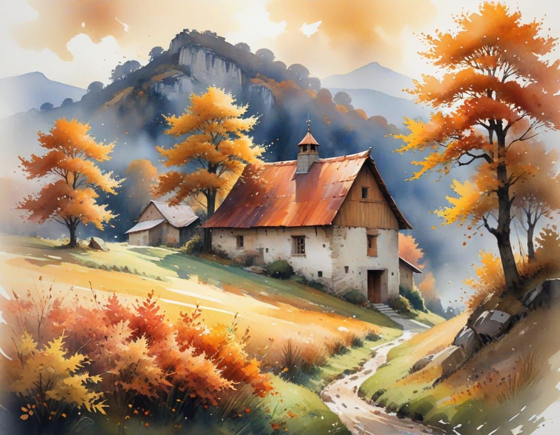 Autumn Hillside Watercolor Painting with Golden Oaks