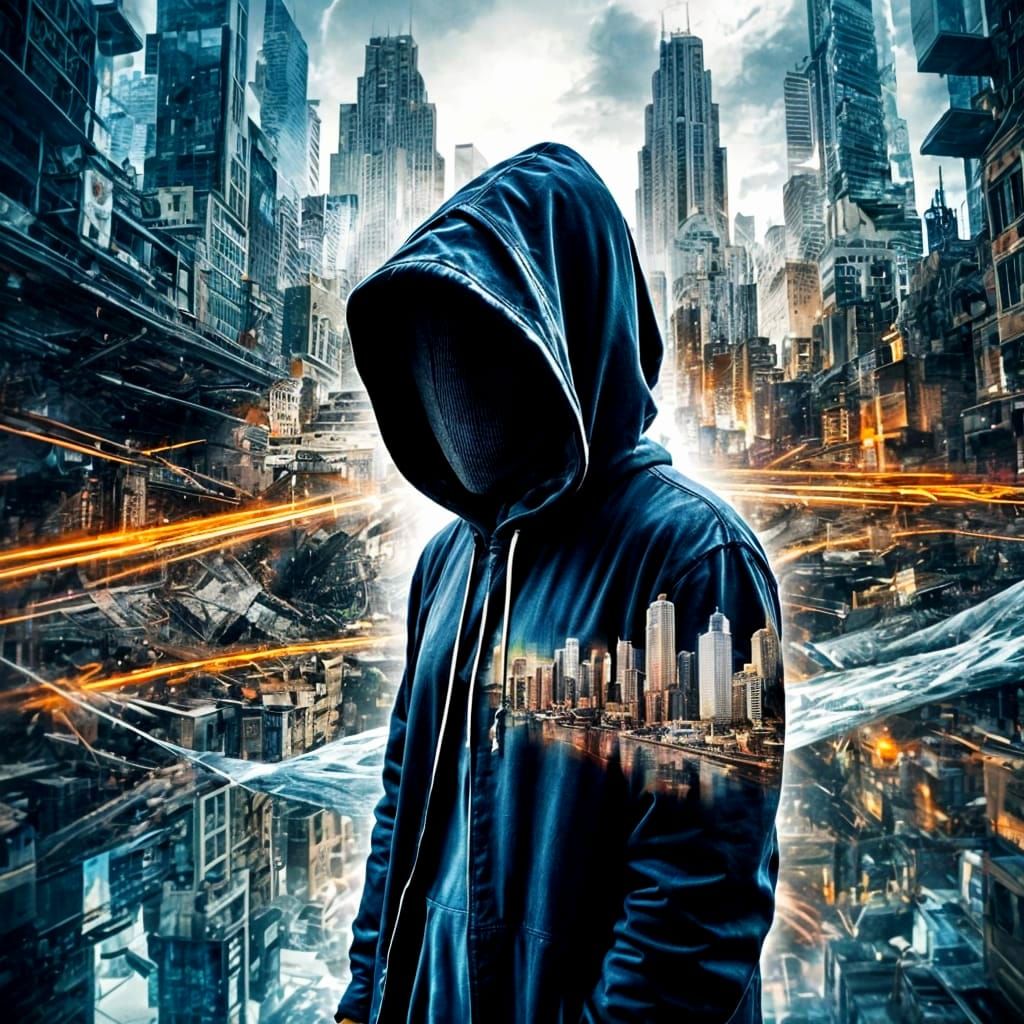 Hooded Figure in Cyberpunk Mindscape Double Exposure