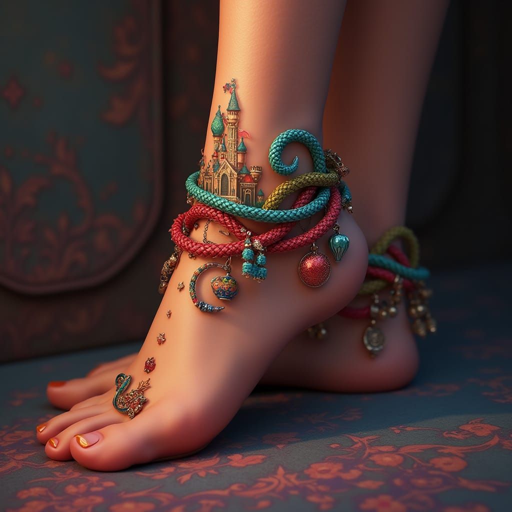 Vibrant Disney-Themed Anklet Tattoo in Whimsical, Hyper-Real...