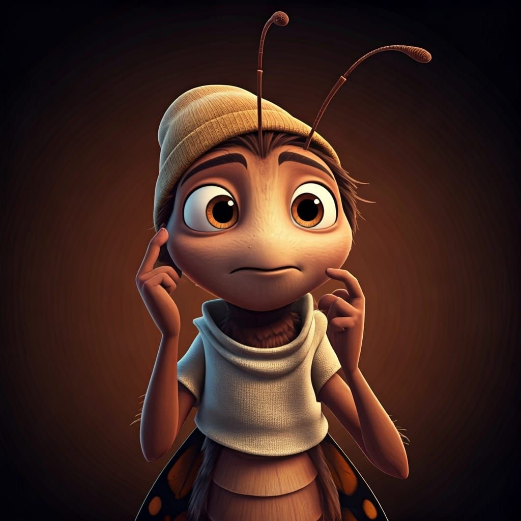 Confused Butterfly Character in Pixar Animation Style