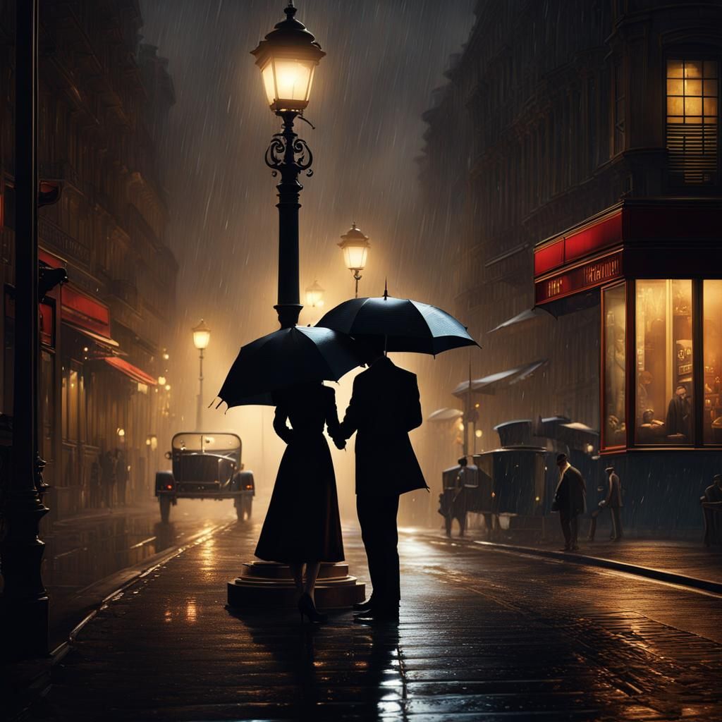 Rainy Parisian Kiss: A Moody Matte Painting