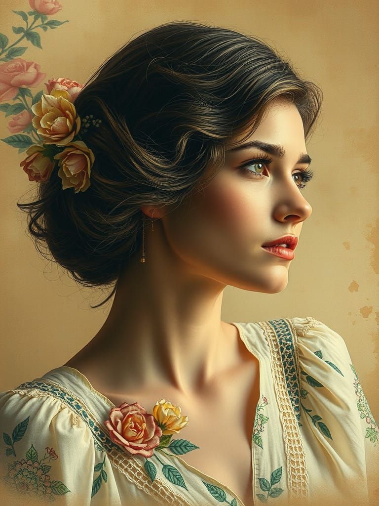 Vintage Portrait of a Young Woman in a Nostalgic Needlework...