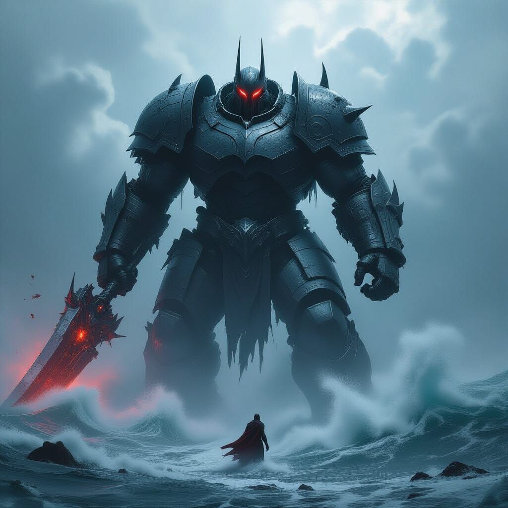 Colossal Armored Figure Battles Tempestuous Ocean in Gothic ...