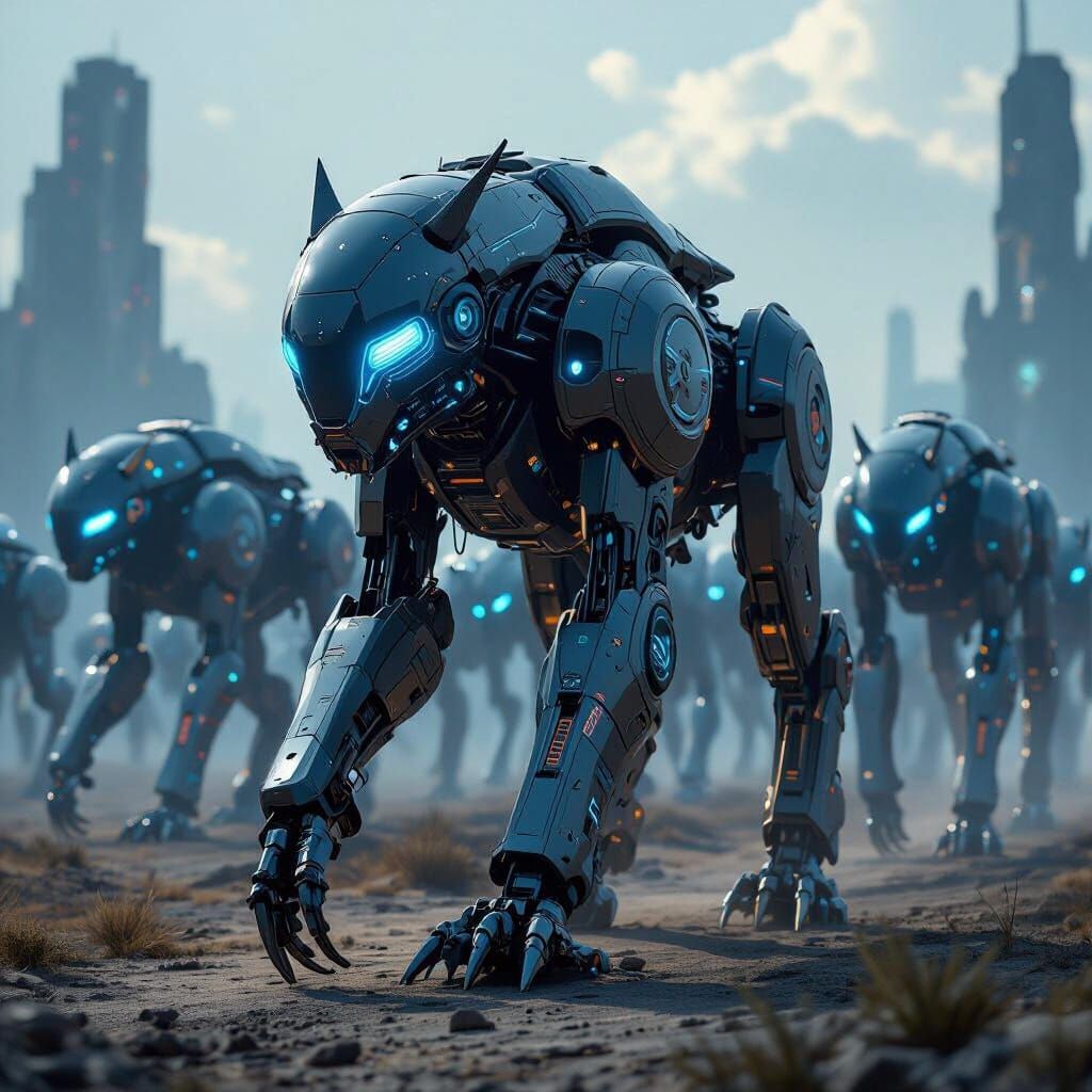Cyberpunk Robot Animal Army in Dystopian Landscape