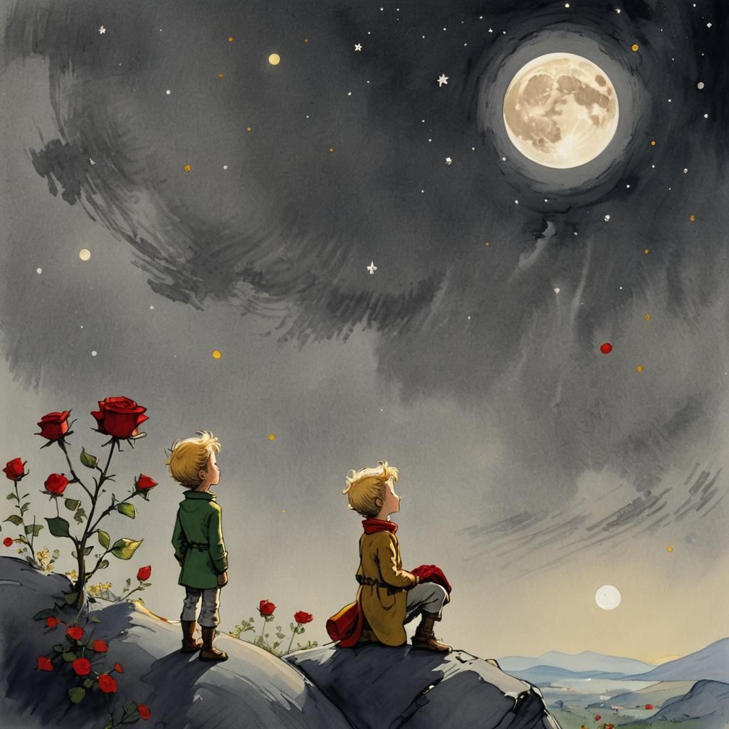 Little Prince and Crescent Moon with Rose