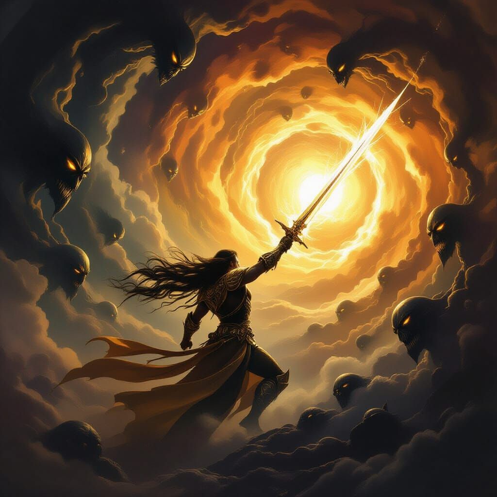 Celestial Warrior Battles Shadow Vortex in Epic Fantasy