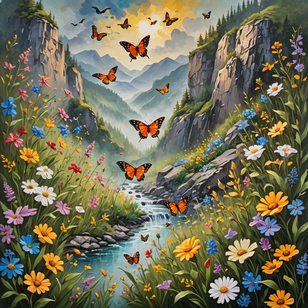 Vibrant Impasto Landscape with Birds and Butterflies