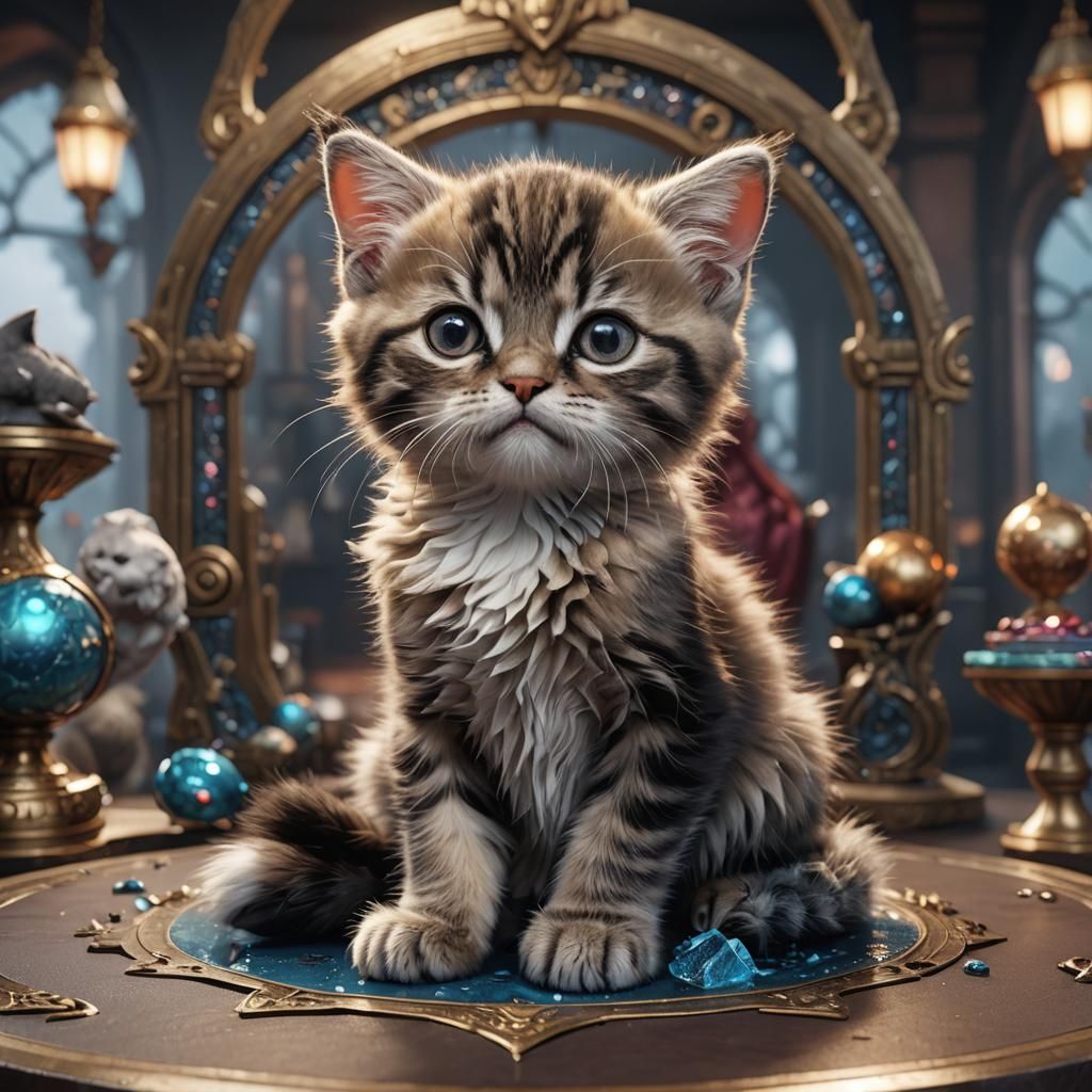Grumpy Kitten on Fantasy Table, Digital Art