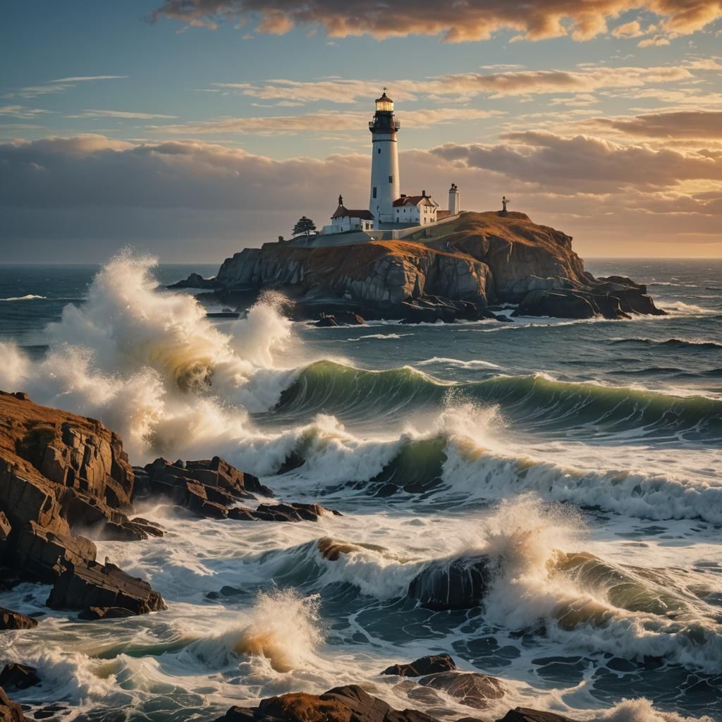 Majestic Lighthouse on Rocky Shore at Dawn