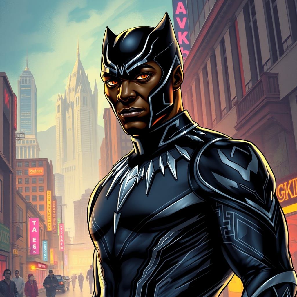 Black Panther Portrait in Wakanda's Cityscape