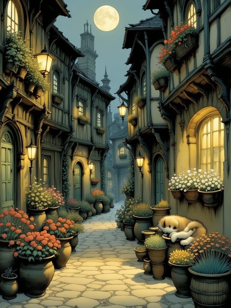 Moonlit Medieval Alleyway with Sleeping Cat in Whimsical, Dr...