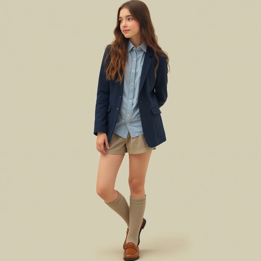 Irish Schoolgirl in Navy Blazer and Beige Socks