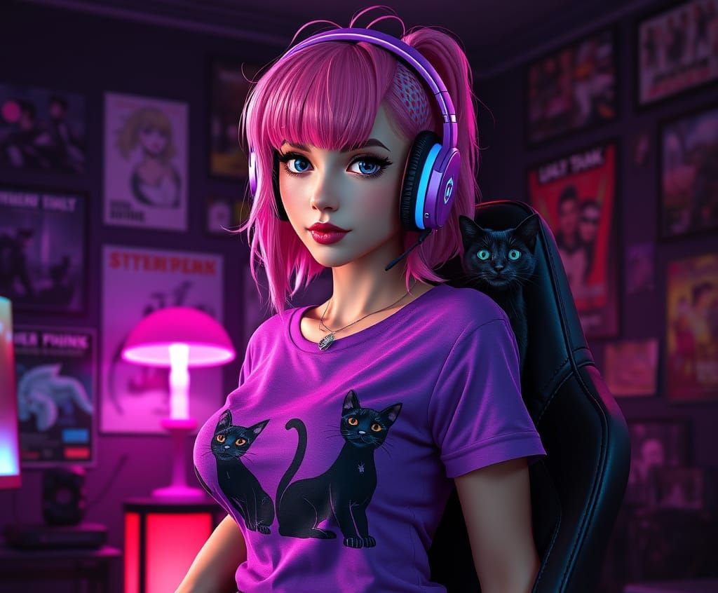 Cyberpunk Gamer Girl with Kitten, Neon Art
