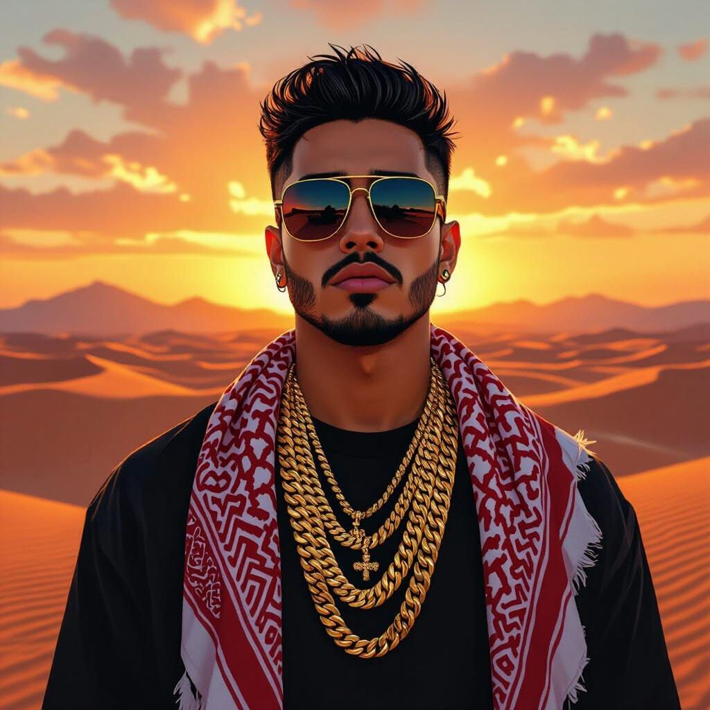 Reggaeton Singer in Desert Sunset, Digital Painting