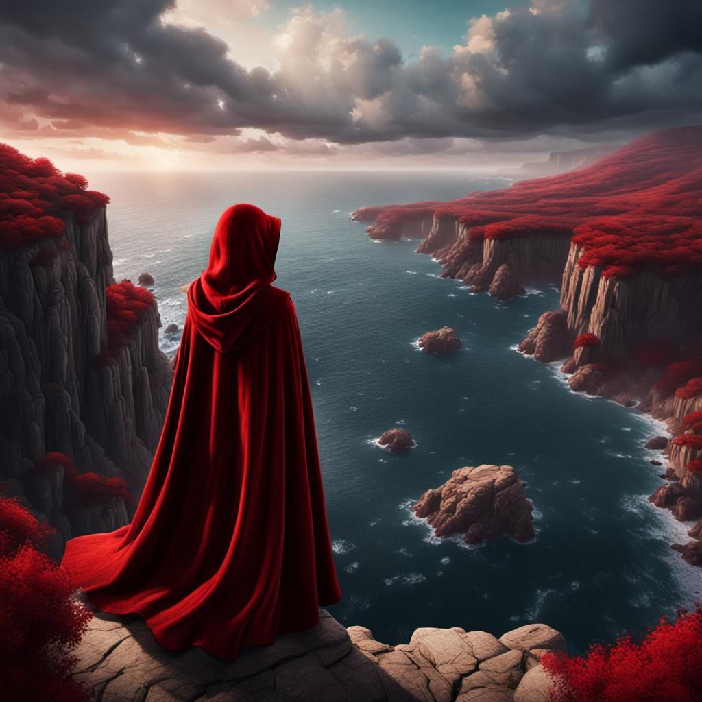 Woman in Red Cape Overlooking Sea, Digital Art