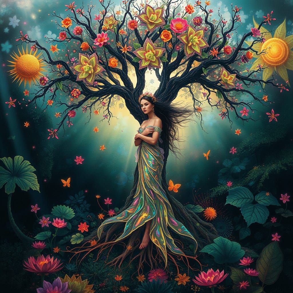 Ethereal Woman Blossoming in Fantasy Plant Kingdom