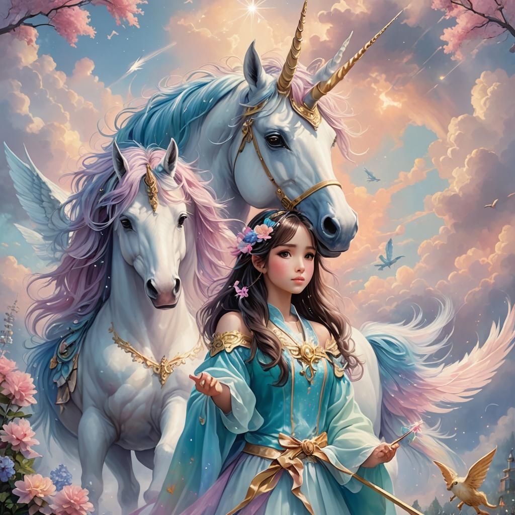Anime Girl with Mystical Unicorn in Pastel Fantasy
