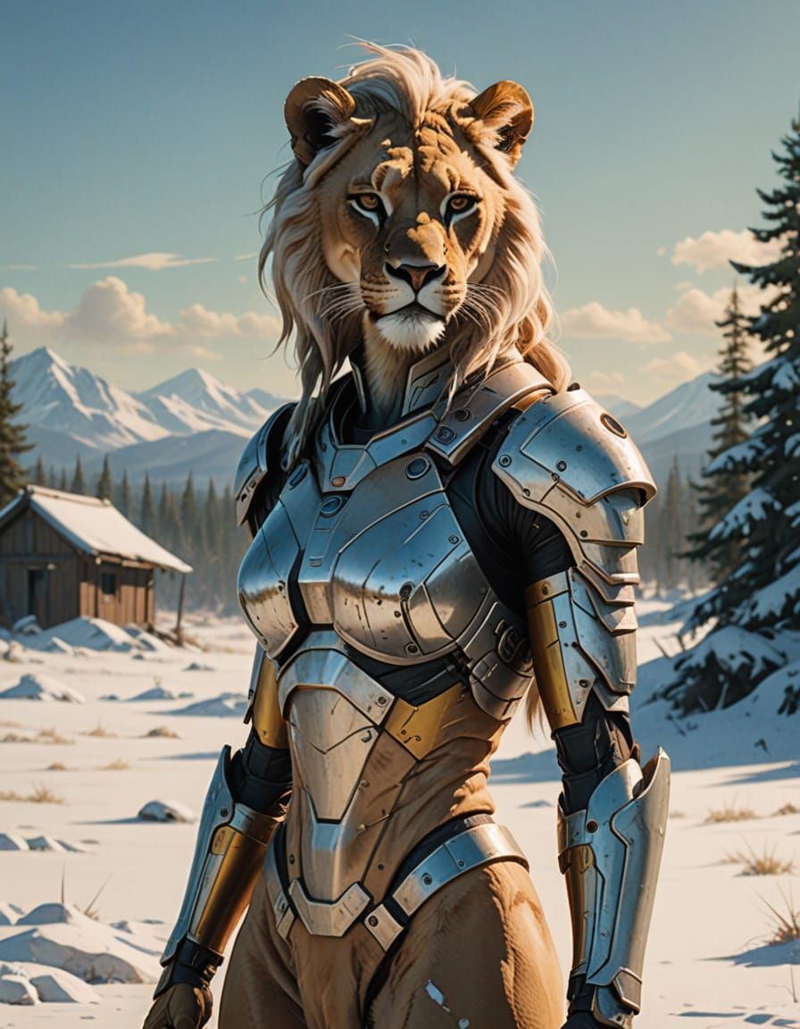 Lioness Fembot in Snow Savanna: Digital Anime Painting