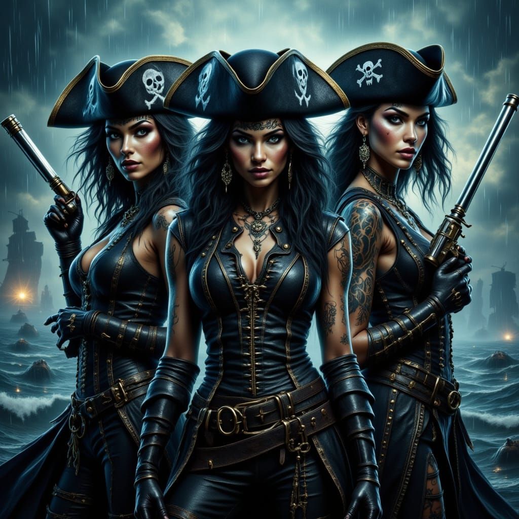 Three Powerful Female Pirates in Stormy Seas