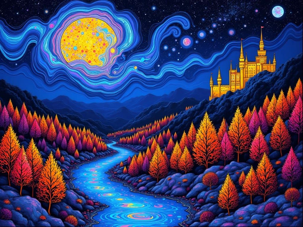 Fantasy Cosmic Night Scene with Golden Castle and Mosaic Pat...