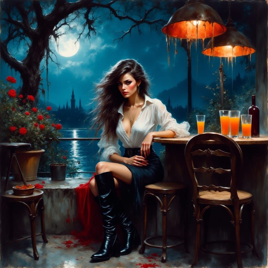 Woman on Terrace Bar Under Starry Night Sky