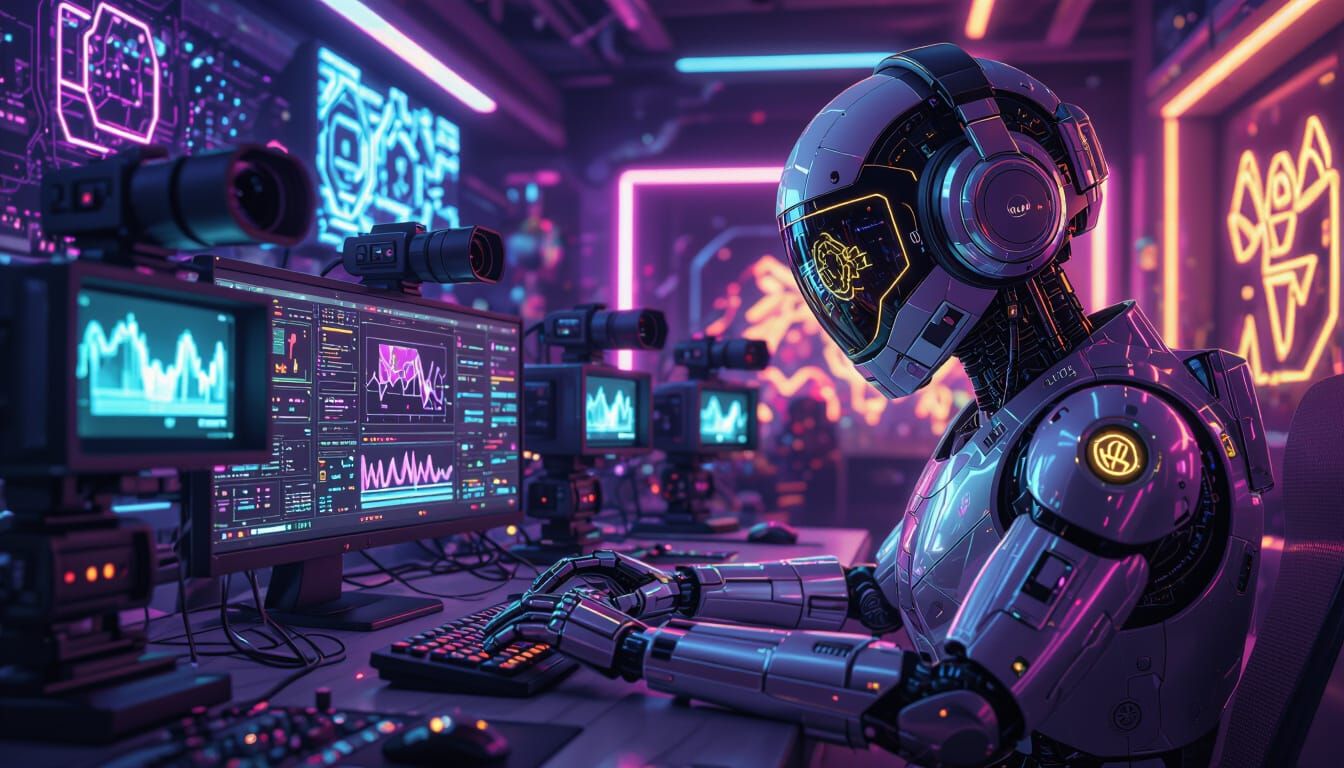 Robot Video Editor in Futuristic Neon Studio