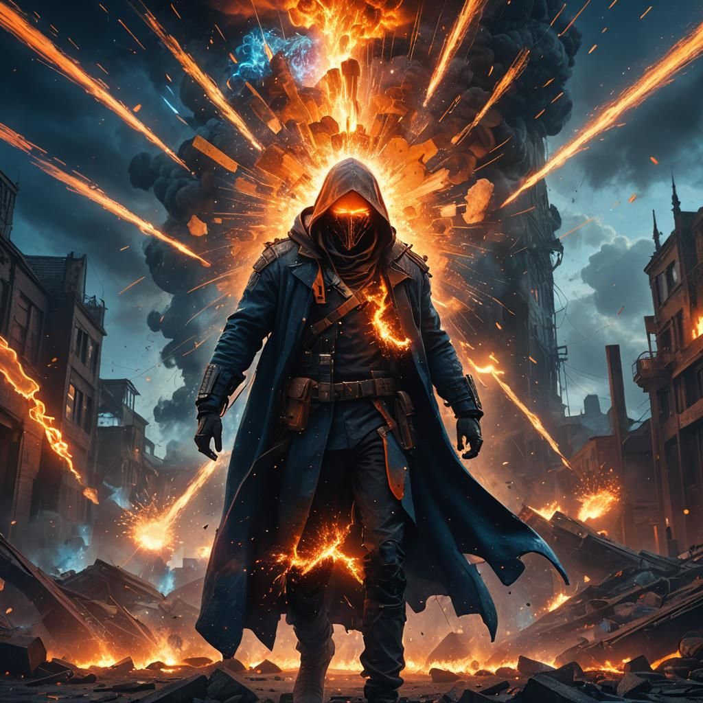 Hooded Figure Amidst Explosive Fantasy Landscape