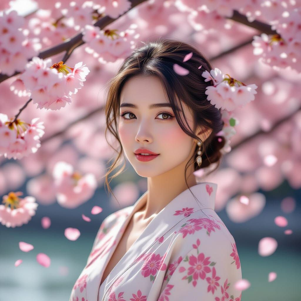 Dreamy Woman Under Cherry Blossoms in Pastel Tones